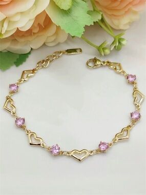 Heart Chain Bracelet CZ Pink Stone 14k Gold Plated